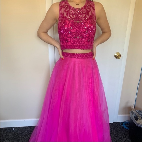 Pink Two Piece Beaded Prom Dress - Picture 2 of 7